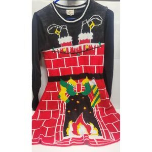 Born Famous Womens Ugly Christmas Sweater‎ Black Red Santa Chimney M